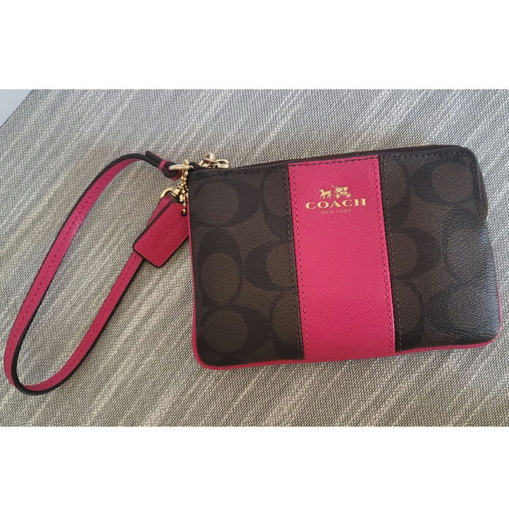 Coach Corner Zip Wristlet Signature Brown Canvas Fuchsia Leather Stripe & Strap